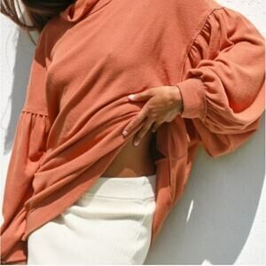 Free People Winnie Top Mock Neck Cutout Back Tan Oversized Balloon Sleeve S